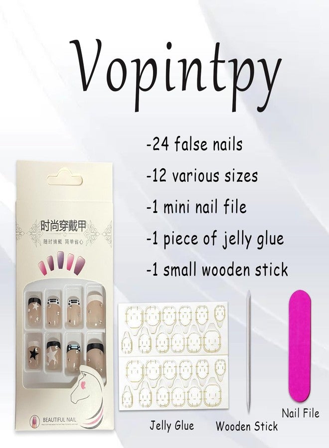 Vopintpy French Tip Press on Nails Short Square Fake Nails Black White Star Rhinestones False Nail Design Glossy Full Cover Artificial for Women Charm Manicure Reusable Stick on Nail - Image 5